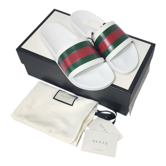 Gucci Men's White Slide Sandals with Green and Red Stripes - Picture 2 of 10